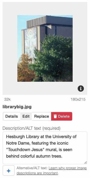 UI screenshot showing an image of the Hesburgh Library and the alternative description below.